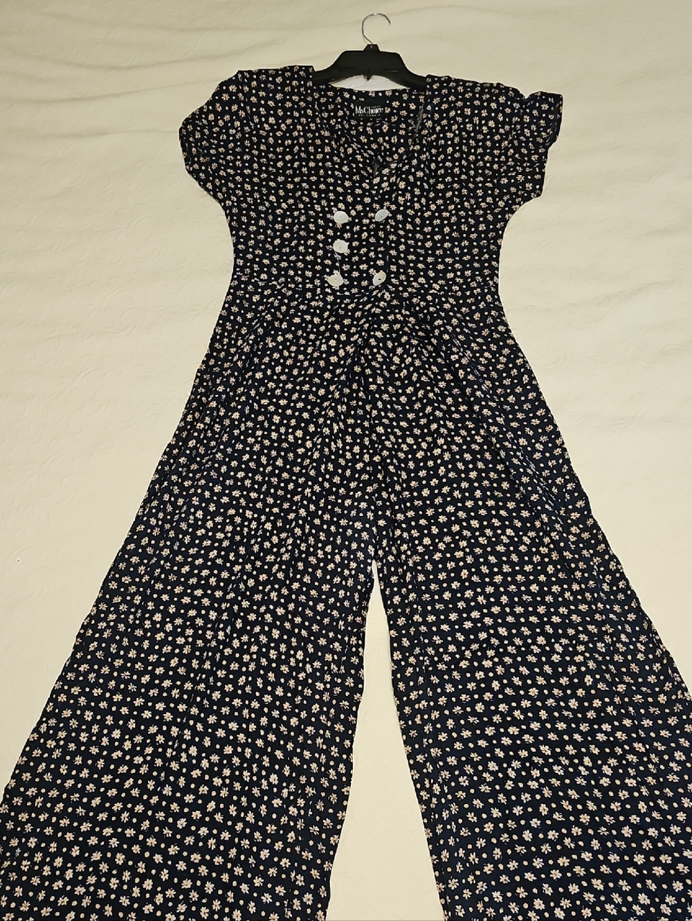 Vtge Ms Choice Califofornia Wide-Leg Navy -beige  Floral Jumpsuit Shell Buttons